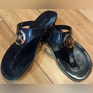 Michael Kors Glossy Black Sandals with Gold Accents